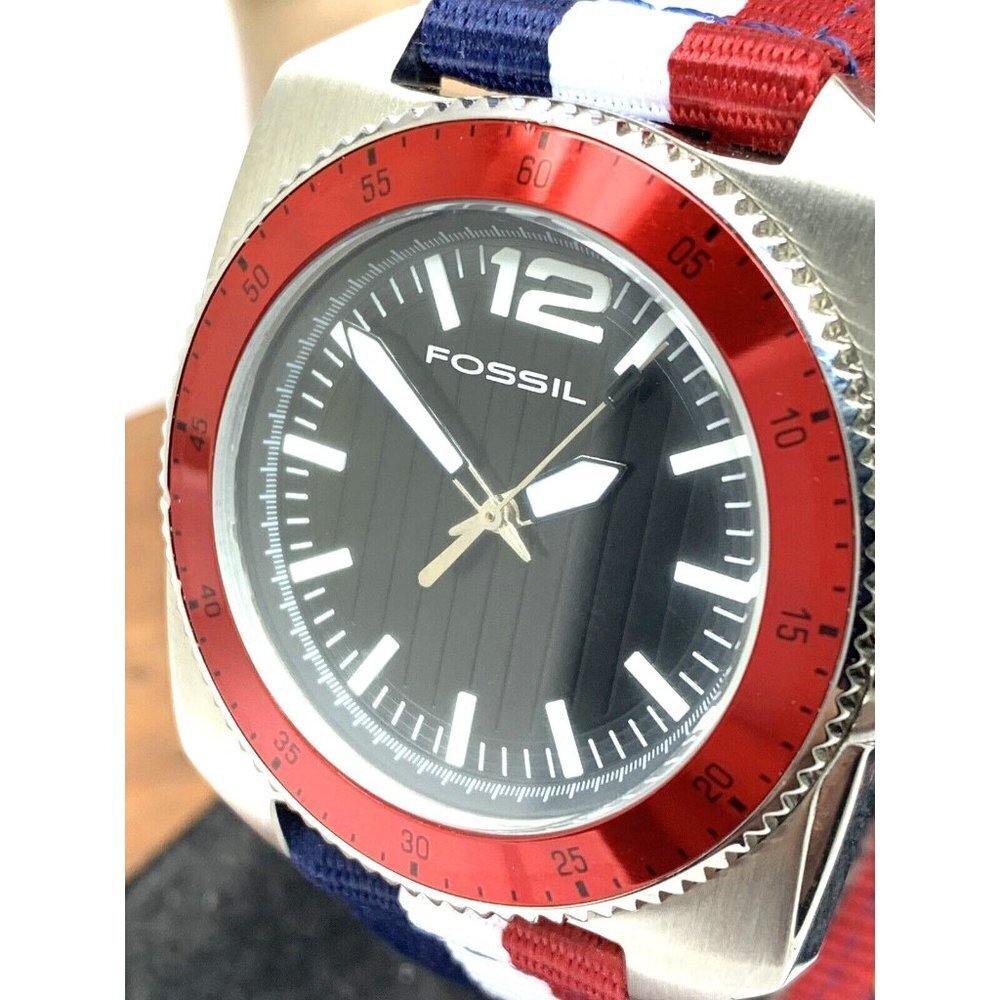 Fossil Men's Watch WB1042 Quartz Black Dial 38mm Red Blue White Nylon Strap